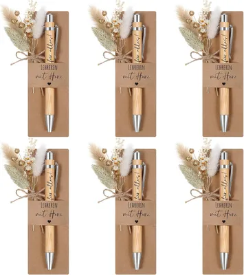 Productafbeelding van Bedankgeschenken leraar balpen van hout - Set van 6 - Bloemenboeket droogbloemen pennenhouder van kraftpapier