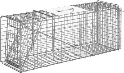 Produktbild von Lebendfalle für Tiere - Faltbare Drahtkäfigfalle - 81x26x34,5 cm - Tür & Tragegriff - Für Kaninchen, Ratten & Nager - Silber
