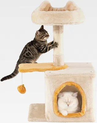 Produktbild von Kratzbaum Klein, Katzenbaum mit Plüschsitz, fischförmigem Plattform, Höhle, Ball & Sisal-Kratzsäulen, Katzenkratzbaum Holz, Katzen Katzenmöbel Kletterbaum, Aktivitätsbaum, Beige
