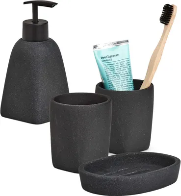 Produktbild von 3-teiliges Badezimmer-Set Dark Stone schwarz matt, Badzubehör-Set besteht aus: Seifenspender, 2x Zahnputzbecher, Seifenschale, moderne Badausstattung