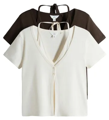 Productafbeelding van SET: Damen T-shirt met haltertopmodel, 2-delig, bruin/crème, maat XL