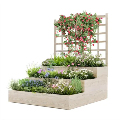 Productafbeelding van Hoge plantenbak van hout met 3 niveaus en een klimrek - Verticale plantenbak voor tuin en balkon - Weerbestendig hout - Natuurlijk