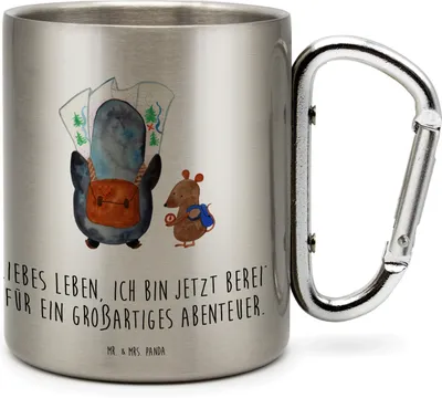 Produktbild von Mr. & Mrs. Panda Thermobecher Pinguin & Maus Wanderer - Transparent - Geschenk, Ausflug, Edelstahl-Thermobecher, Wandern, Teetasse, Kaffeebecher Edelstahl, Abenteuer