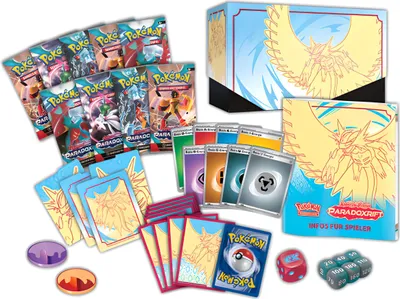 A collection of Pokemon trading card game items, including booster packs, energy cards, dice, and a storage box.
