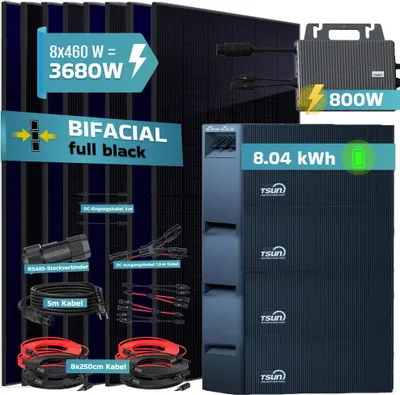Produktbild von SUNNIVA® 3680W Balkonkraftwerk mit 8,04 kWh Speicher TSUN SOLARCANTSOL-DCU2000Lite, 8x 500W BIFAZIAL FULLBLACK komplett Steckdose, Solarspeicher