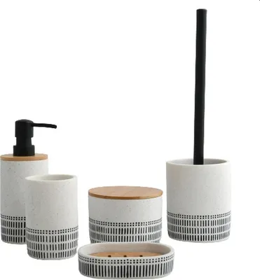 Produktbild von Spirella Badezimmer Set, 5-teiliges Badzubehör aus Polyresin Yuma, Seifenspender, WC Bürste, Seifenschale, Aufbewahrungsdose und Zahnputzbecher Weiß Bambus