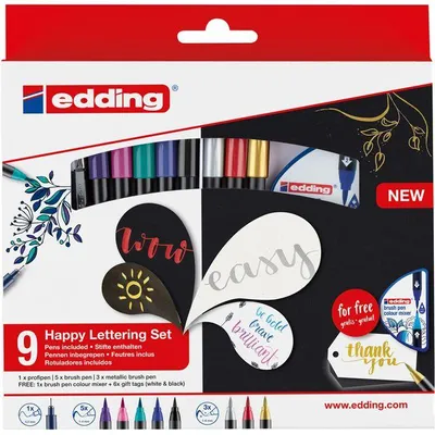 Produktbild von Edding Happy Lettering Set, Gold, Metallicblau, Metallic green, Metallic rot, Metallic violett, Silber, Pinselspitze, 1 mm, 6 mm, Mehrfarbig, Rund