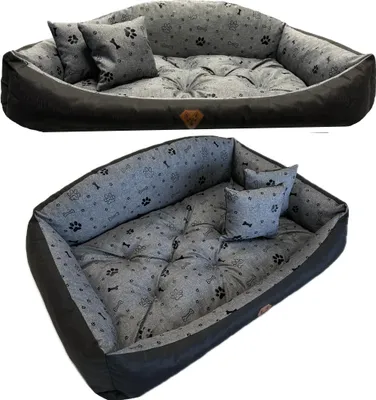 Two views of a dog bed with a paw print and bone pattern.