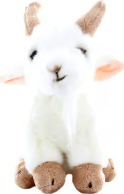 A plush toy goat is shown sitting against a white background.