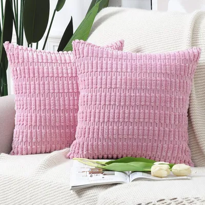 Immagine prodotto di Set di 2 federe per cuscini, motivo a righe, tessuto corduroy rosa, 50 x 50 cm