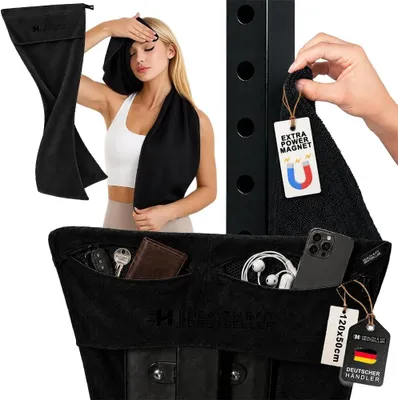 Immagine prodotto di Asciugamano per fitness in microfibra, 120 x 50 cm, con magnete e antiscivolo, 2 tasche con zip, ad asciugatura rapida