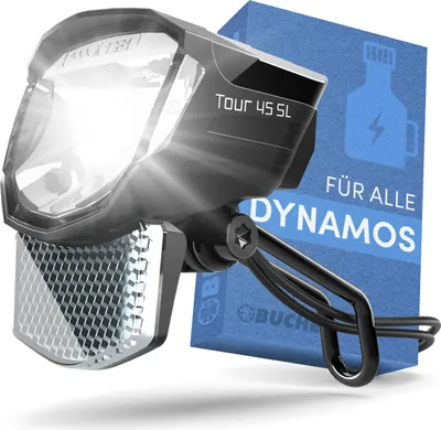 Produktbild von BÜCHEL Tour Dynamo Lampe mit Standlicht und StVZO Zulassung I 45 LUX Fahrradlampe vorne, LED Standlicht, Fahrrad Scheinwerfer, LED Fahrradlicht vorne, Schwarz
