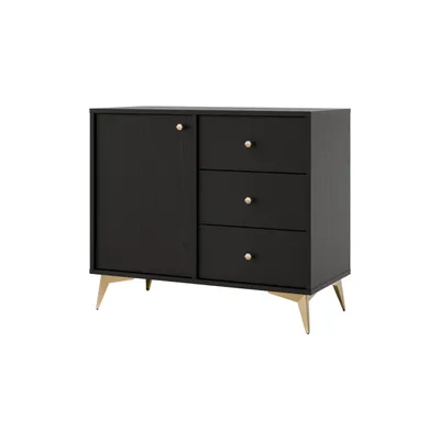 Produktbild von Kommode TOKA V – Sideboard mit 1 Tür und 3 Schubladen, modernes Design mit Sternfüßen für Wohnzimmer - Schwarz