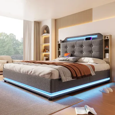 Produktbild von Polsterbett, 140*200cm , Mit LED-Lichtleiste, hydraulischer Stauraum, mehrere Ablagefächer, ohne Matratze, USB + TYPE-C, Leinen, Grau