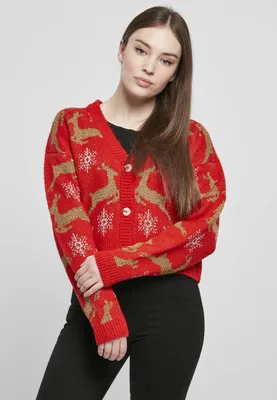 Obrázek produktu pro Dámský svetr Urban Classics Ladies Short Oversized Christmas Cardigan red/gold - 4XL