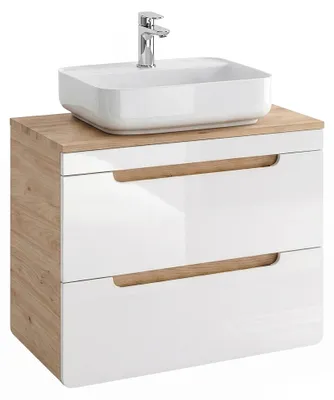 Produktbild von Waschtischunterschrank 80 cm mit 51 cm Keramikbecken LUTON-56 Hochglanz weiß mit Wotan Eiche Nb. B/H/T ca. 81/75,5/46 cm