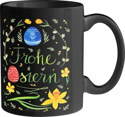 Produktbild von Mr. & Mrs. Panda Keramiktasse Ostern Frohe Ostern - Schwarz - Geschenk, Osterei, Ostergeschenke Kinder, Ostergrüße, Tasse, Bürotasse, Kaffeebecher, Becher, Kaffeetasse