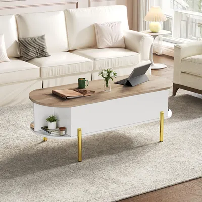 Produktbild von okwish Couchtisch Beistelltische mit Höhenverstellbarer Platte und Metallbeinen,Kaffeetisch mit  zwei halboffene Speicherbereiche,Wohnzimmertisch mit 7 Ablageflächen,Holzfarbe+Weiß