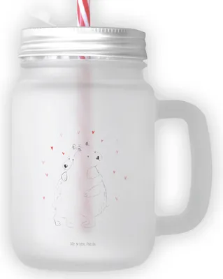 Produktbild von Mr. & Mrs. Panda Glas Eisbär Umarmen - Transparent - Geschenk, Lustige Sprüche, Becher mit Strohhalm, Mason Jar Trinkglas, Cocktailglas, Deckel Und