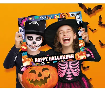 Productafbeelding van Halloween fotobox frame, griezelplezier, pompoengezichten, skeletten, spookachtige feestaccessoires, leuke decoratie, fotobackdrop, verkleedpartij, feestdecoratie, kleur: meerkleurig