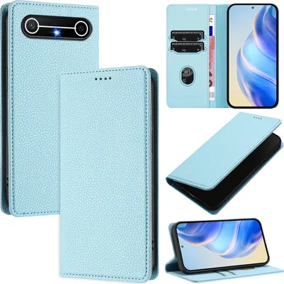 Produktbild von Litchi Leder Handyhülle für Tecno Pova Slim Wallet Kartenfächer Standfunktion Hülle Hellblau