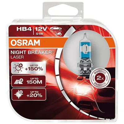 Produktbild von OSRAM NIGHT BREAKER® LASER HB4 next Generation, +150% mehr Helligkeit, Halogen-Scheinwerferlampe, 9006NL-HCB, 12V PKW, Duo Box (2 Lampen)