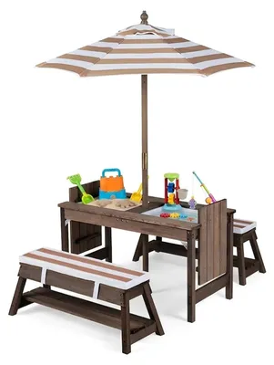 Immagine prodotto di Set di sedute per bambini in legno, marca KOMFOTTEU, con ombrellone, colore marrone