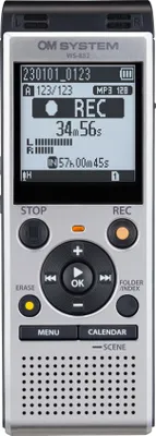 A digital voice recorder is shown from the front, displaying its screen and controls.