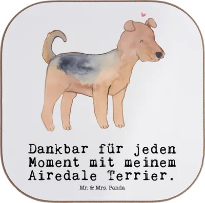 Produktbild von Mr. & Mrs. Panda Getränkeuntersetzer Airedale Terrier Moment - Weiß - Geschenk, gläseruntersetzer, Holzuntersetzer, Untersetzer Glas, Gläser, für, Coaster