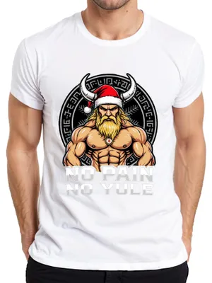 Obrázok produktu pre NO PAIN NO YULE Viking muscular Father Christmas fitness pánske retro tričko, biele, L