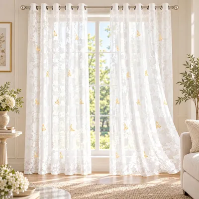 Produktbild von 2er Set Gardine Vorhang Halbtransparent B140xH245cm Ösenschal Tüll Fenstervorhang mit Schmetterling & Blumen Deko Wohnzimmer Schlafzimmer Weiß
