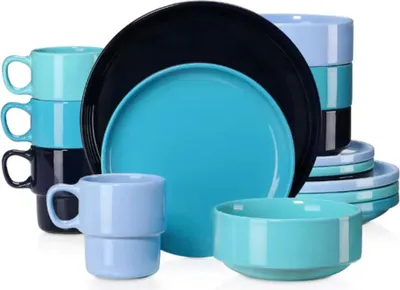 Produktbild von Lustré Serviesset – 16-teilig – 4 Personen – Zwei Blautöne – Essteller – Tiefe Teller – Frühstücksteller – Servies – Küchenservies
