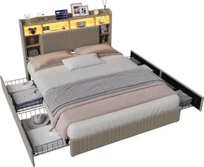 Image de Lit Moonbite avec rangement, dimensions 160x200 cm, revêtement en lin beige, avec 4 tiroirs, ports USB et Type-C, éclairage LED et tables de chevet intégrées