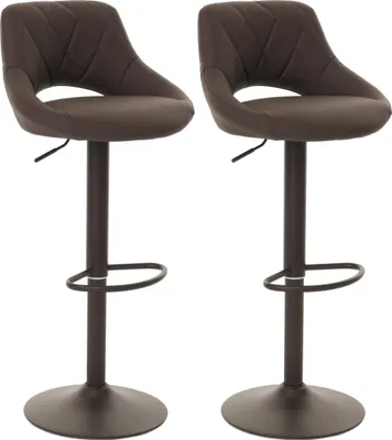 Two brown bar stools are shown against a white background.