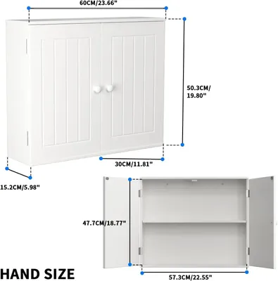 Image de Armoire murale - Armoire de salle de bain - 2 portes - Étagère réglable - Montage mural - Bois - Avec plan de travail - Blanc