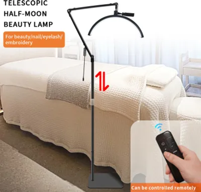 Obrázek produktu pro 36 W podlahové LED video světlo, tvar půlměsíce, barva 3000 K až 6000 K, stmívatelné, s teleskopickým kovovým stojanem, klipem na telefon a dálkovým ovládáním pro živé vysílání make-upu v kosmetických salonech