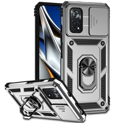Obrázek produktu pro Pouzdro pro Xiaomi Poco X4 Pro 5G dvouvrstvé pouzdro s posuvným krytem kamery a prstencovým stojánkem Stříbro