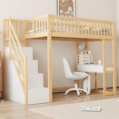 Produktbild von Flieks Etagenbett 90x200cm mit Rausfallschutz, Hochbett mit Schreibtisch, Kinderbett Einzelbett Holzbett mit Schubladen, Stockbett mit Treppe, Holz