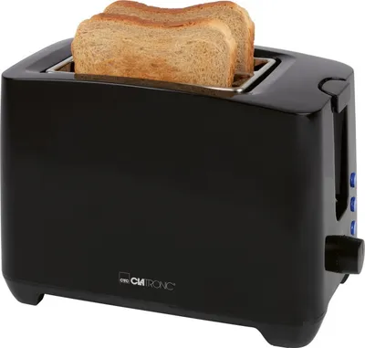 A black Clatronic toaster with two slices of bread inside, shown from a front-diagonal angle against a white background.