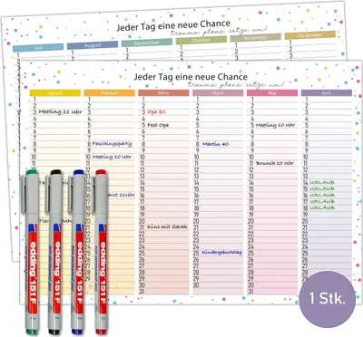 Produktbild von Immerwährender DIN A4 Tafelkalender - Abwischbar, wiederbeschreibbar inkl. 4 Stifte | Geburtstagskalender Jahresunabhängig beidseitig bedruckt | Bunte Dots Design