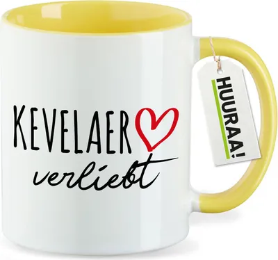 Produktbild von Huuraa Kaffeetasse Kevelaer verliebt 330ml Gelb Keramik Kaffeebecher Geschenkidee
