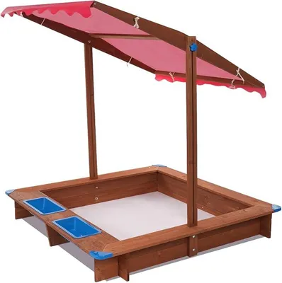 Produktbild von Kindersandkasten, Sandkästen für den Garten, Holzsandkasten mit Abdeckung, Sandkasten mit Dach 126x121x118cm, Bodenvlies gegen Unkraut und Ungeziefer - Sandkasten mit (Rot)