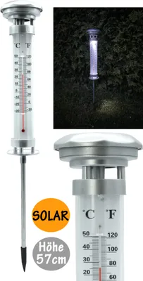 Produktbild von LED Solar Thermometer Gartenthermometer beleuchtet Außenthermometer Garten mit Erdspieß Höhe 57cm