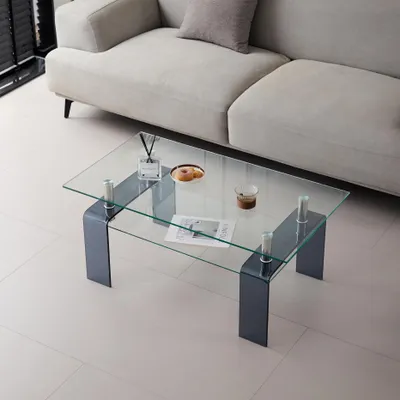 Zdjęcie produktu dla Szklany stolik 100 x 55 cm, przezroczysty, szkło hartowane, szare szklane nogi, stolik kawowy, 100 x 55 x 45 cm