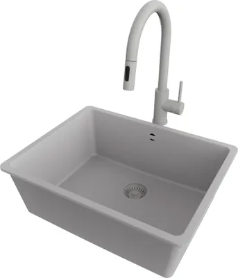 Produktbild von PRIMAGRAN Granitspüle Grau 56x44cm, Spülbecken 1 Becken + Küchenarmatur 40x20cm + Ablauf-Set, Küchenspüle ab 60er Unterschrank - Venedig Slim Easy
