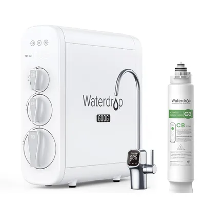 A white water filtration system with a faucet and an extra filter cartridge, displayed on a white background.