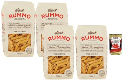 Produktbild von Rummo Italian Gourmet Bundle Penne Lisce 4x500g + Italian Gourmet Polpa | Italienische Pasta aus Hartweizengrieß | Glatte Penne Pasta für Cremige & Mediterrane Saucen | 2kg Vorratspack