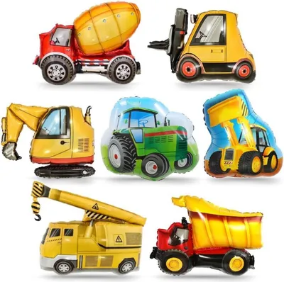 Produktbild von 7er Set Baustellen-Folienballons | XXL Bagger, Bulldozer, Gabelstapler, Traktor | Heliumballons für Jungen Geburtstagsparty