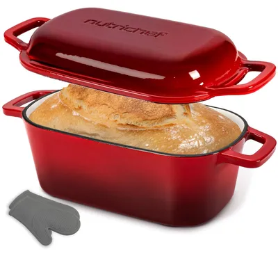 Produktbild von Brotbackform Gusseisen Bräter - 25,4 cm - Mit Deckel - Emailliert - Backofengeeignet bis 260 °C - Rot