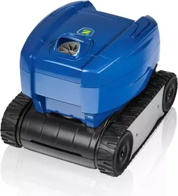 A blue robotic pool cleaner with black tracks is shown on a white background.